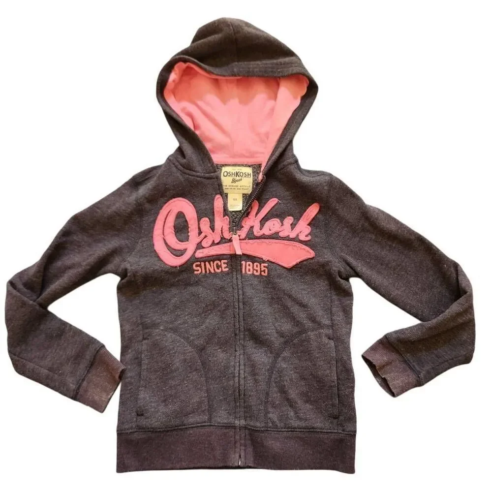 OshKosh girls size 8 navy blue pink textured hoodie zip up sweater